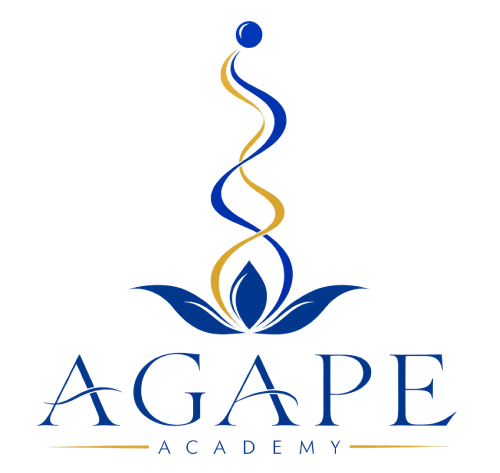 Agape Academy logo with a blue and gold lotus-inspired emblem